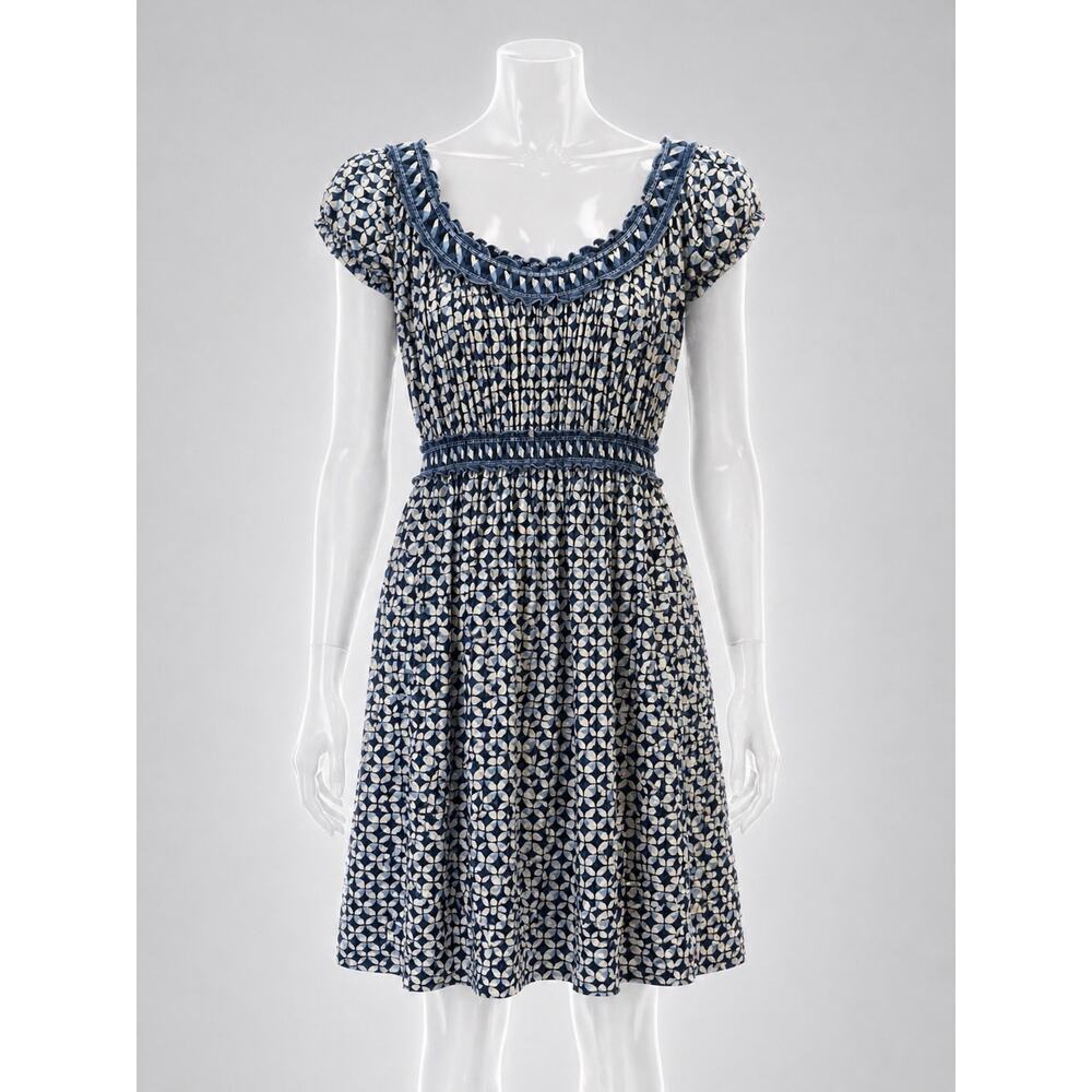 Max Studio Blue & White Geometric Smocked Dress |  Approx S/M | Boho Midi